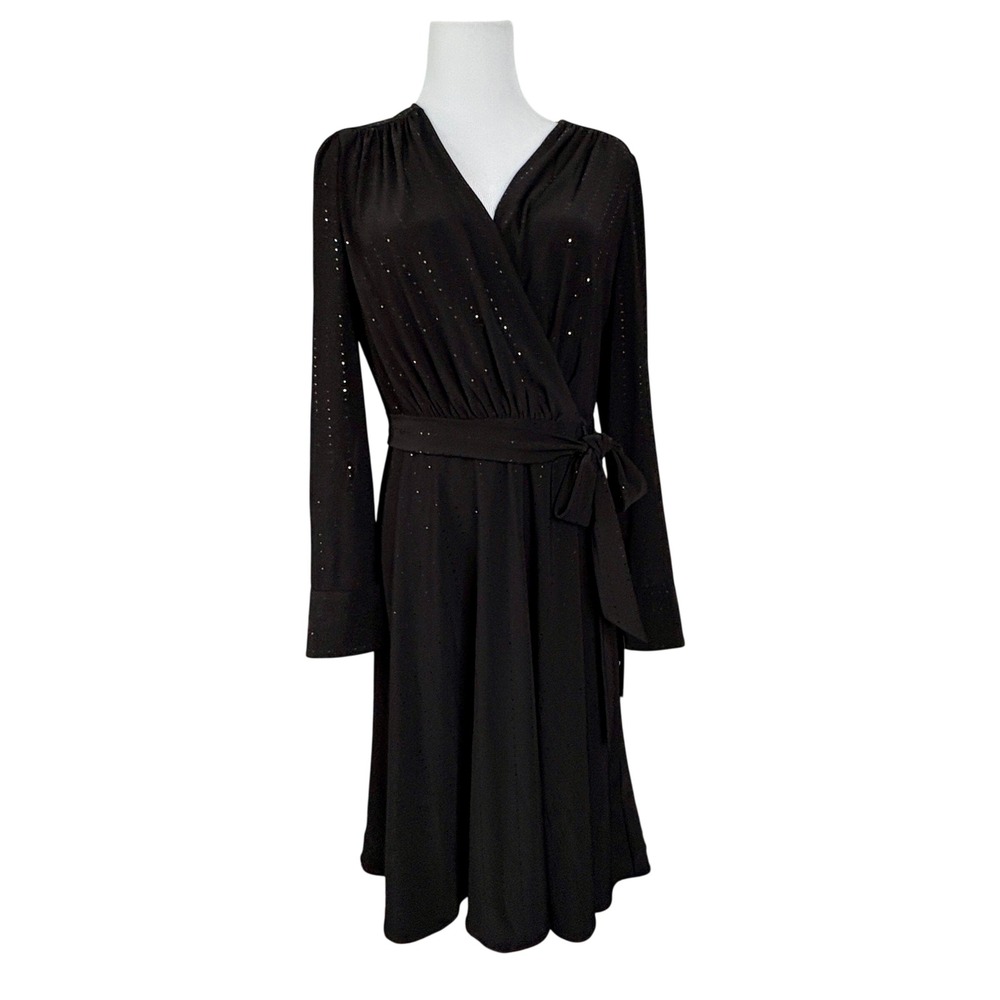 DKNY Faux Wrap A-Line Dress 8 Black Sparkle LBD Party‎ Holiday NWT $150